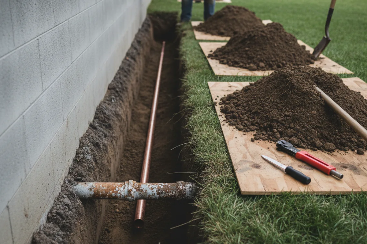 Excavated water line trench during Water Softener Installation in Lake Pleasant